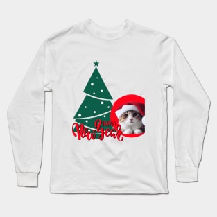 Cute Cat in Santa Hat Happy New Year ,Brafdesign Long Sleeve T-Shirt